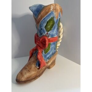 Cowboy Boot Christmas Pitcher Vase Ceramic Hand Painted Vintage Holiday Decor